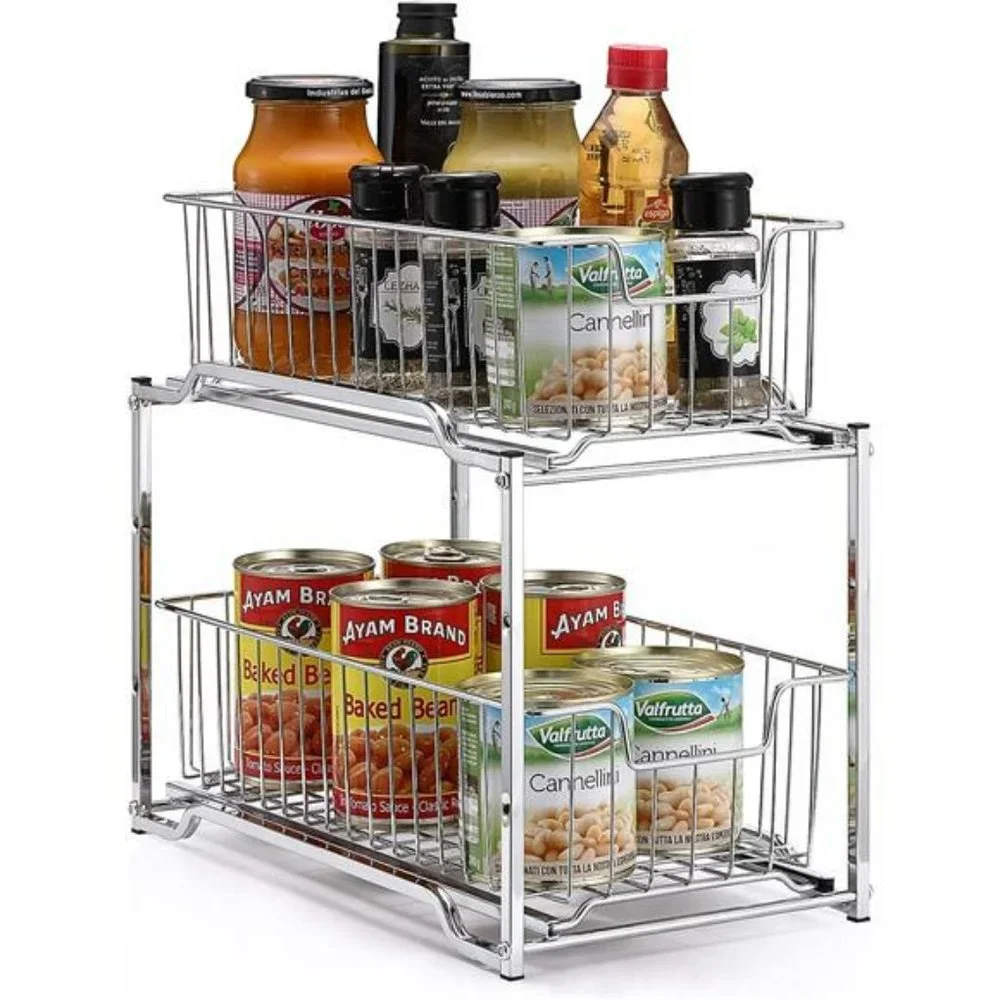 Stackable 2-Tier Under Sink Cabinet Organizer w/ Sliding Storage Drawer, Chrome